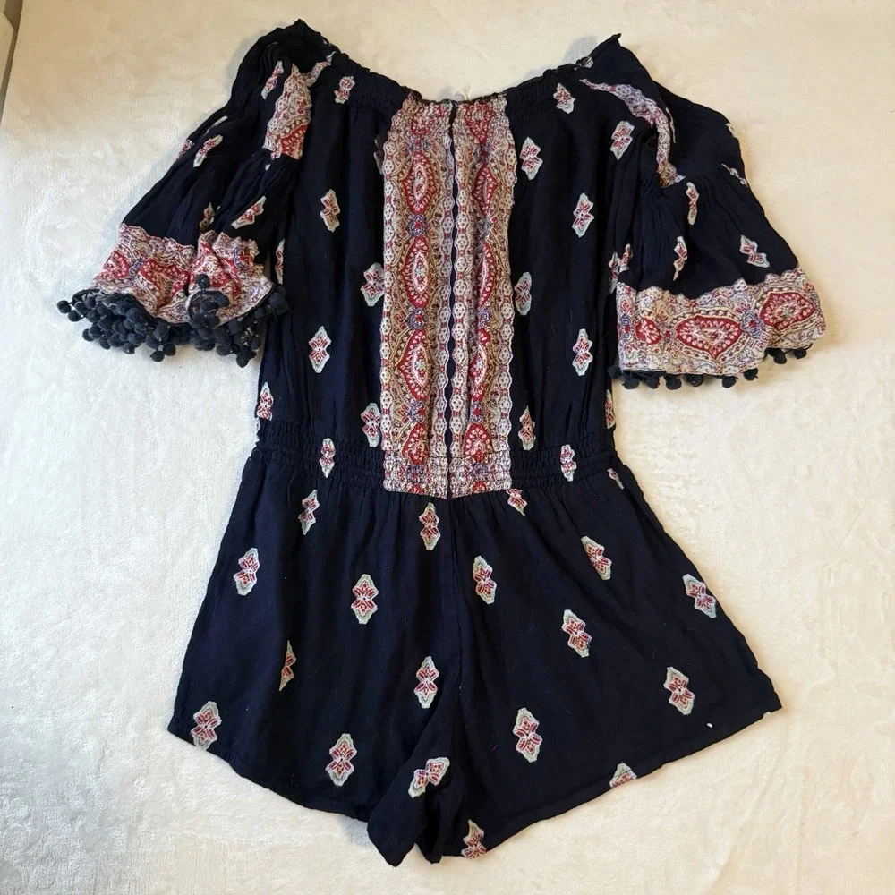 Lilka Navy Bohemian Off Shoulder Pom Pom Short‎ Bell Sleeve Romper Elastic Waist
